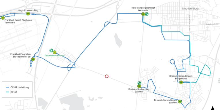Umleitungskarte geänderte Linienführung und Abfahrtszeiten der Buslinie OF-64 aufgrund von Sanierungsarbeiten